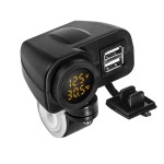 Moto USB socket x 2, digital voltmeter and thermometer, yellow led, black color